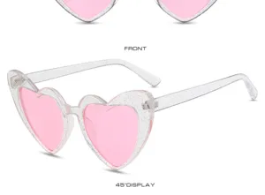Herzförmige rosa Glitzer Sonnenbrille Detailansicht, stilvoller transparenter Rahmen für Damen.