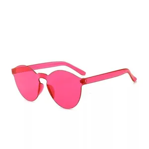 Transparante roze gelei zonnebril zonder montuur, trendy retro feest bril hoofdweergave.