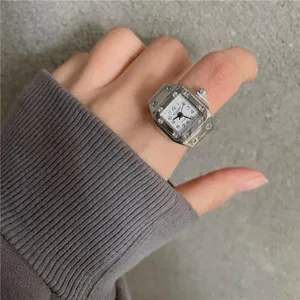 Silberner Vintage quadratischer Fingeruhr Ring Y2K ästhetischer Modeschmuck fuer Damen und Herren