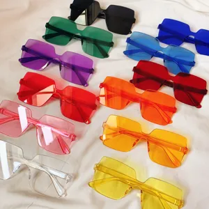 Colorful square rimless sunglasses for women, trendy street style fashion UV400 eyewear.