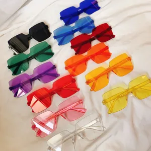 Colorful rimless square sunglasses, trendy retro transparent eyewear for street style.