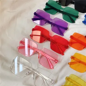 Trendy colored oversized rimless sunglasses, stylish Harajuku vintage street sun glasses.