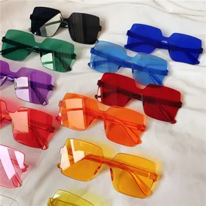 Colorful oversized square sunglasses for women, trendy fashion flat lay style eyewear.