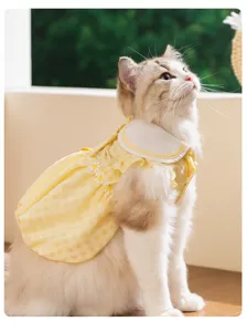 Détail de robe de chat à carreaux jaunes charmante avec col blanc et broderie de marguerites.