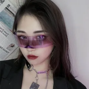 Futuristic cyberpunk purple visor sunglasses for women and men, trendy rave street style eyewear.