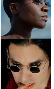 Detailansicht kleiner runder Vintage Sonnenbrille aus Metall, Hip-Hop Retro Sonnenbrille Unisex.