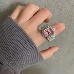 Punk Stil silberner Ringuhr mit rosa Zifferblatt niedliche kreative Quarz Fingeruhr für Damen