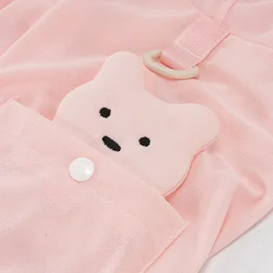 Detail view of breathable summer ice silk dog clothes featuring a cute 3D bear pocket design.