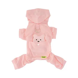 Cute pink dog jumpsuit breathable summer pet clothes with 3d bear pocket and hood for small dogs