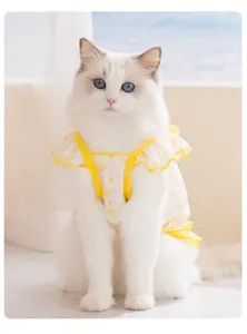 Schattig katten zomerjurk detail, ademende gele volants prinses huisdier kleding.