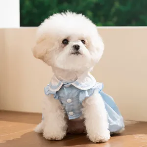 Süßes Kariertes Haustierkleid Mit D-Ring Geschirrverbinder Schleife Reverskragen Seersucker Welpen Hund Rock Bekleidung Für Kleine Hunde Katzen