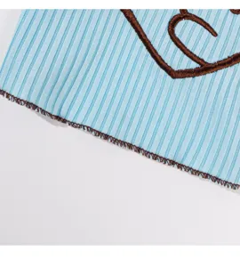 Close-up van huisdierkleding details met blauwe geribbelde stof en bruine borduursel rand.