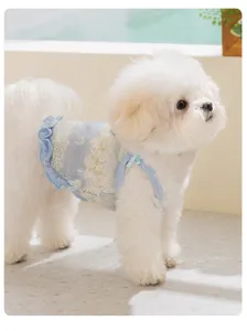 Atmungsaktive Mesh Haustier Sommerkleidung Detail, süßes blaues Spitzen Hundekleid für Katzen.