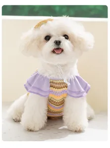 Schöne kleine Hundeweste mit lila Rüschen und niedlichem Strohhut für Frühling und Sommer.