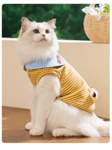 Vista dettagliata del grazioso gilet per gatti a righe gialle e morbido peluche.