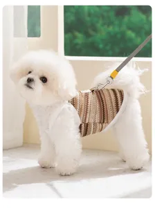 Close-up detail of knitted striped pet dog harness vest, breathable and stylish for small dogs.