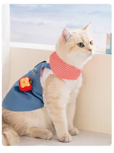 Vista dettagliata del grazioso vestito di jeans per animali con colletto a quadri e mela.