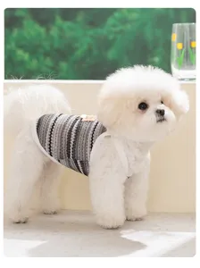 Breathable summer pet vest for small dogs, gray striped hollow knit puppy tank top.