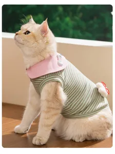 Vista dettagliata del gilet per animali a righe traspirante con grazioso colletto per gatti.