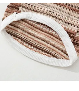 Detail shot of breathable summer pet dog clothes, open-knit striped design with white trim.