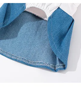 Dettaglio del vestito in denim per animali domestici con tessuto blu e tessuto bianco.