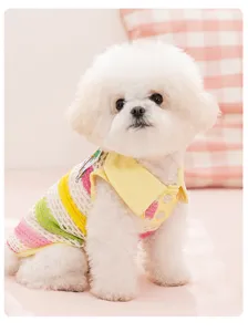Detail view of breathable hollow mesh pet dog vest with polo collar and colorful stripes.