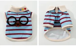 Leuke gestreepte huisdierenkleding voor kleine honden en katten, met tekenfilmhondgezicht en D-ring.