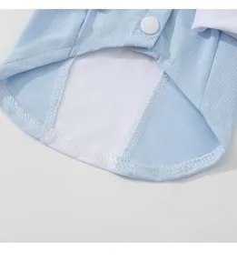 Close-up detail shot of breathable mesh pet cooling clothes with snap button and contrast color.