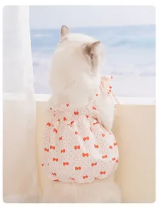Gros plan d'un chat mignon portant une jolie robe d'été à bretelles et fleurs.