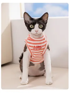 Cute striped knit cat vest for spring and summer, breathable thin pet clothing detail shot.