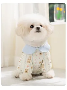 Cute bear print pet four-leg gauze pajamas for small dogs like bichon, soft and thin spring wear.