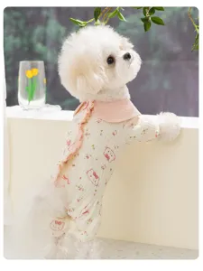 Cute floral pet onesie with pink collar for small dogs comfortable gauze fabric detail view