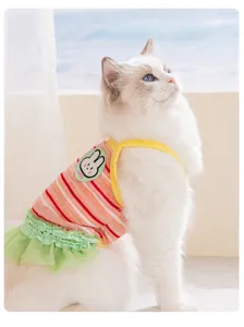 Gato verano delgado transpirable tirantes ropa lindo conejo dibujos animados impresión mascota detalle