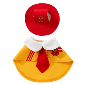 Conjunto de disfraz de gato lindo con sombrero rojo y capa amarilla con corbata para mascotas