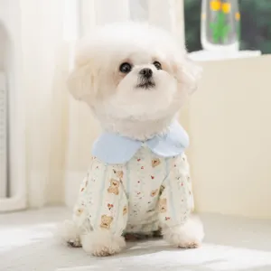 Cute pet dog clothes soft double-layer gauze four-legged pajamas with bear print for small dogs.