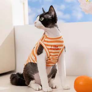 Summer striped cat vest breathable knit pet clothing for cute kittens and small dogs daily wear.
