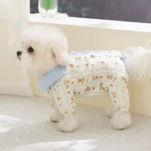 Cute pet pajamas with blue collar and bear cherry print for small dogs, breathable gauze fabric.