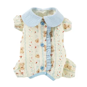 Cute cartoon bear pet four-leg clothes with blue collar and ruffles for small dogs main