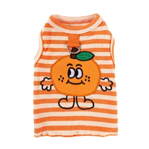 Cute striped pet vest for cats and dogs, breathable knit summer clothing with a fun orange embroidery.
