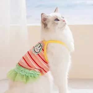 Bonito vestido de verano para gato con conejo, camiseta de rayas transpirable para perros.