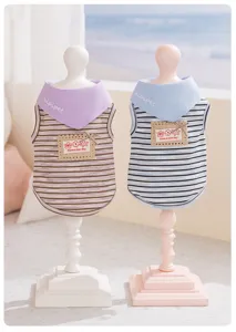 Cute spring summer cat vest with striped design and collar bib, breathable thin pet clothing.
