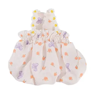 Sommer atmungsaktives blumiges Haustierkleid mit niedlichen Schleifen und Gänseblümchen-Spitze.
