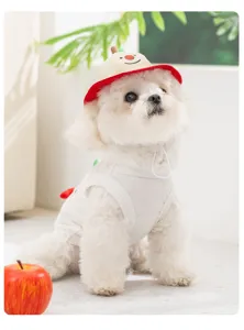 Toma detallada de chaleco de verano transpirable para perros pequeños y gorro de fruta.