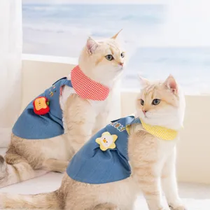 Estate Carino Animale Domestico Abito in Denim Colletto risvoltato Applicazione Bambola Cartoon Cani Gatti Abbigliamento
