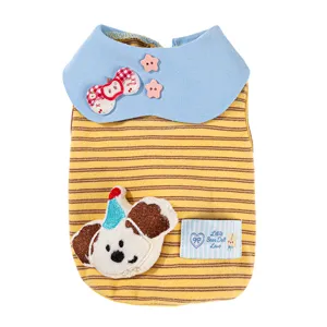 Carino gilet a righe per animali con colletto blu e ricamo di cane per cani di piccola taglia e gatti.