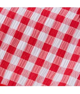 Detailshot van rood-wit gingham stof, close-up van lichtgewicht en ademend materiaal