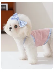 Cute dog pet apparel set featuring a pink embossed heart tank top and blue checkered bow for small dogs.