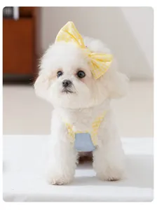 Breathable puppy clothes cute yellow plaid bow strap dress for small dogs and bichon pet apparel