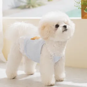 Leuke zomerse huisdierenjurk voor kleine honden en katten, blauwe bandjesrok met kant.