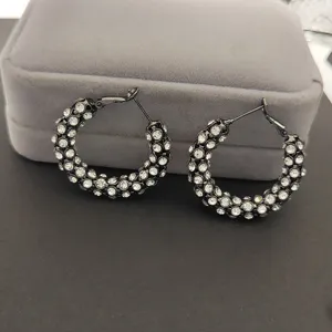 Boucles D Oreilles Créoles Noires Surdimensionnées Mode Femme Style Gothique Strass Alliage Cercle